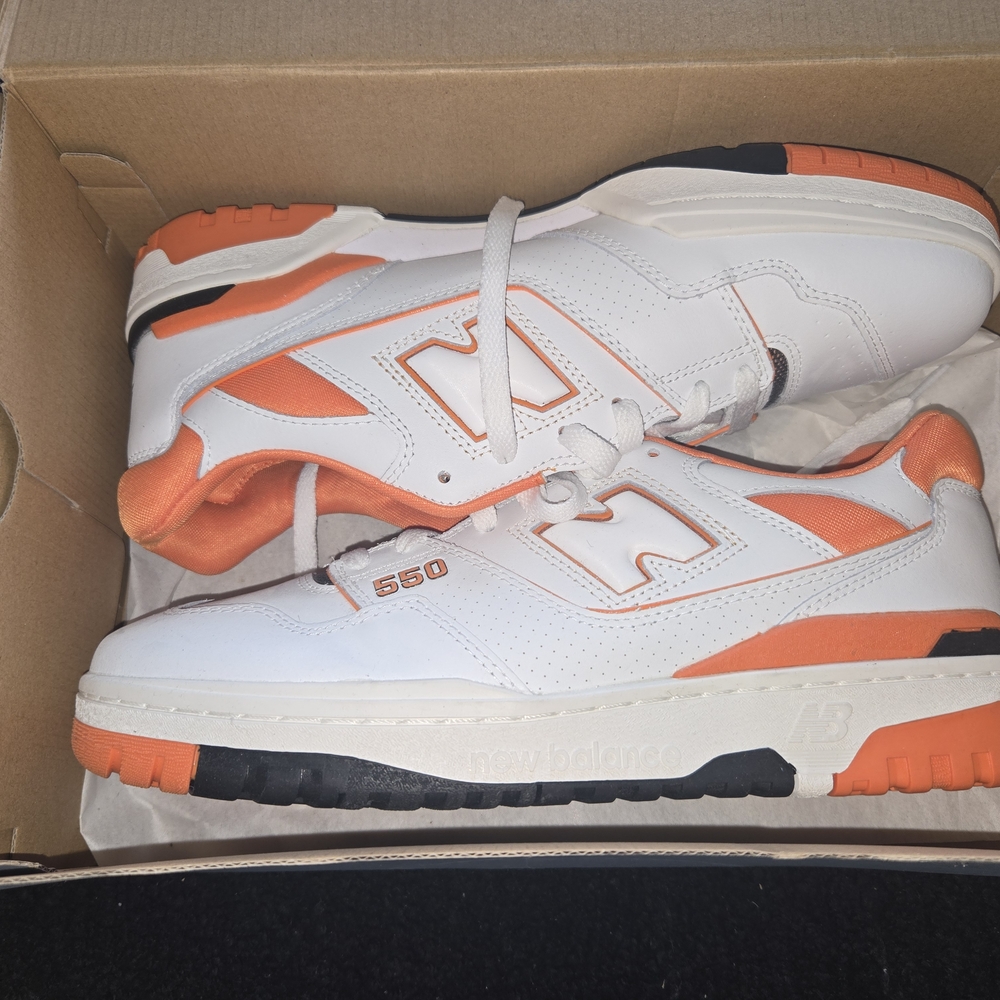 New Balance White and Orange Retro Sneakers